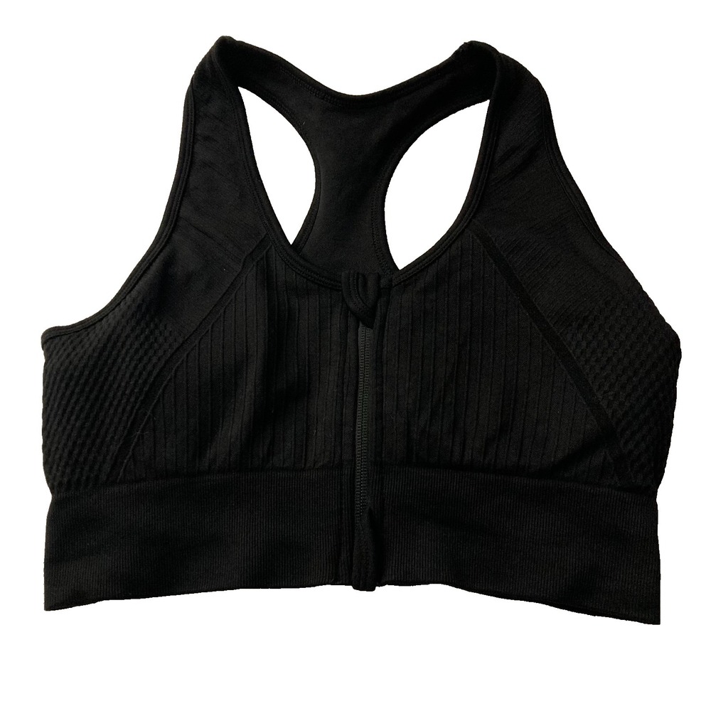 90 Degree by Reflex Black Seamless Cody Multi Textured Zip Front Sports Bra - M
